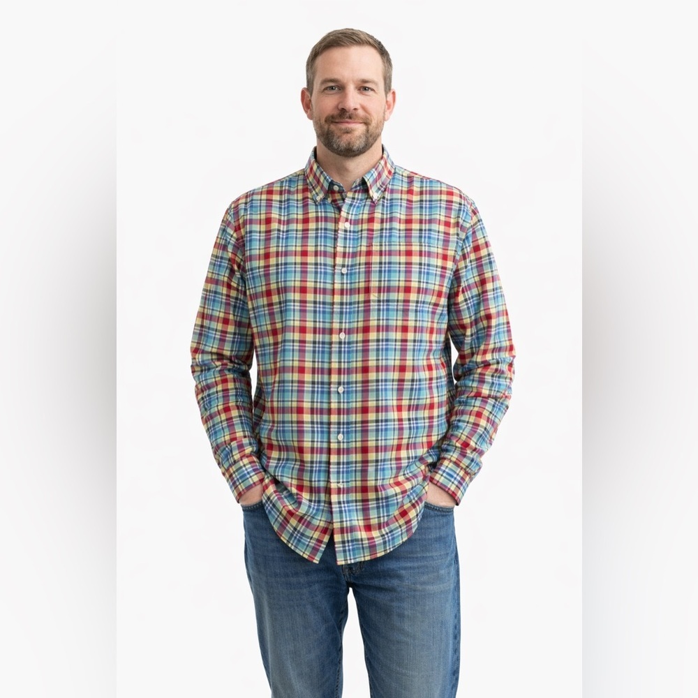 Maker 100% Cotton Men’s Red Blue Plaid  Button-down Shirt MMX